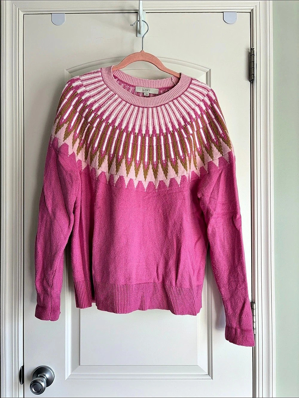 LOFT Pink & White Geometric Crew Neck Sweater